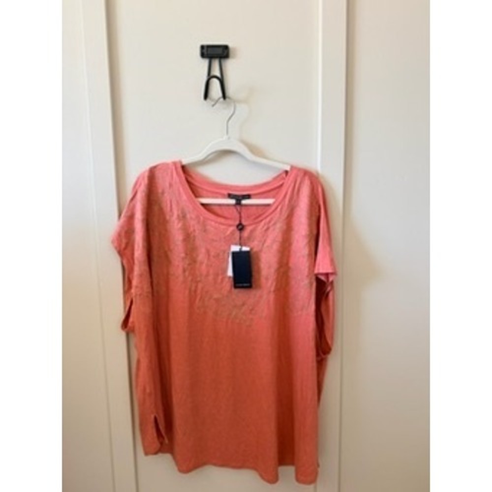 Adrianna Papell Studio Women Coral Pink Floral Embroidered Knit Top 2X NWT